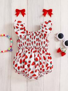 SHEIN Baby Girl Casual Comfortable Strawberry Print Ruffle Trim Bodysuit - Red and White - View 2
