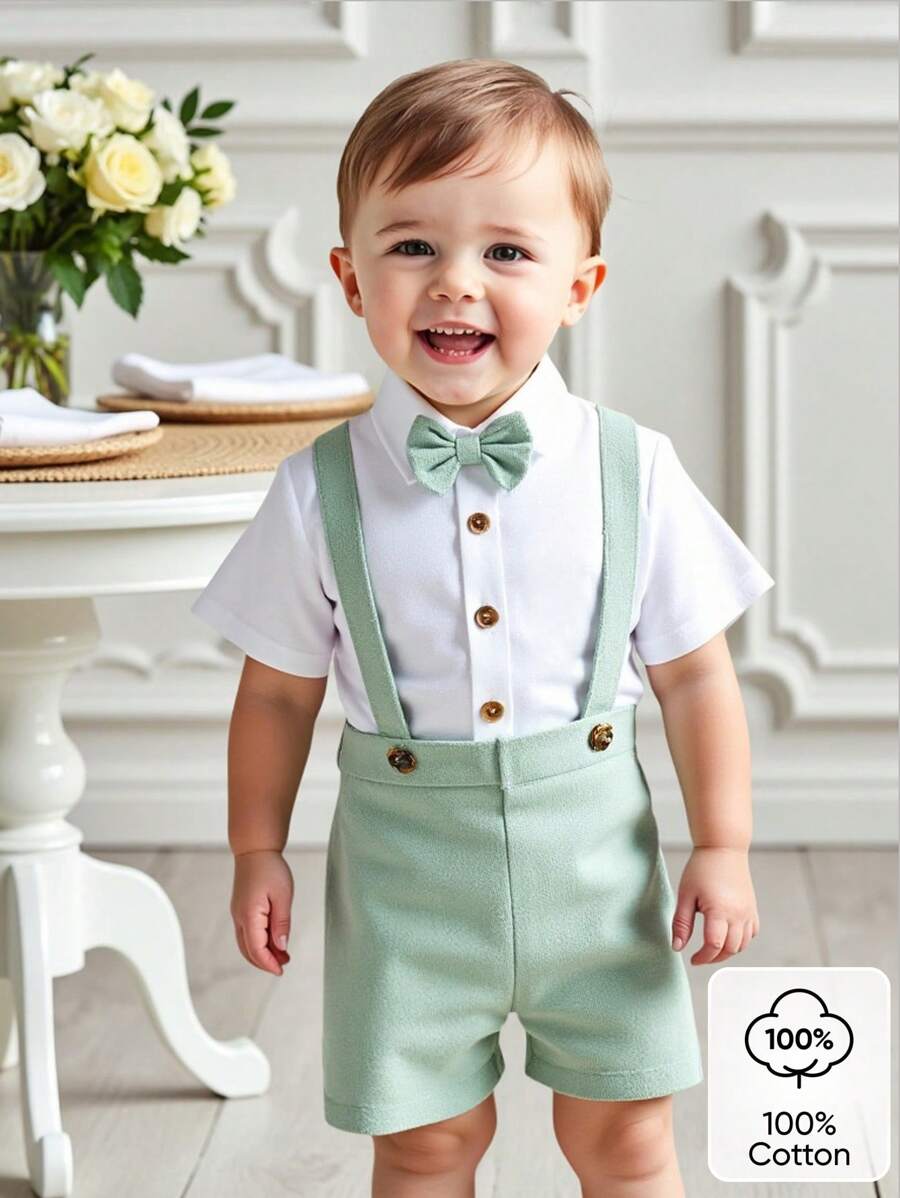 Souflis Souflis 男婴休闲纯色短袖衬衫配领结和拼色背带短裤套装，适合夏季 - 彩色 - 查看 1