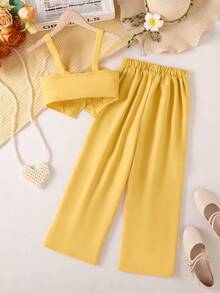 优雅两件套少女吊带上衣和裤子套装 - 黃色 - 查看 2