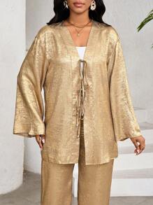 SHEIN Lady 2 件套女士休闲前系带长袖上衣和裤子套装，纯金面料女士两件套度假装女士 2 件套女士婚礼宾客礼服女士办公室礼服女士工作礼服女士休闲礼服 7 月 4 日女士 - 金色 - 查看 6
