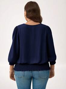 SHEIN LUNE 大码休闲纯色泡泡袖衬衫新年女装节日办公室女装春季女装夏季 - 藏蓝色 - 查看 2