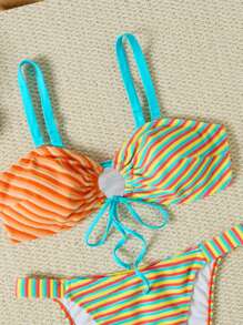 SHEIN Swim Curve 大码彩色条纹印花分体泳衣套装