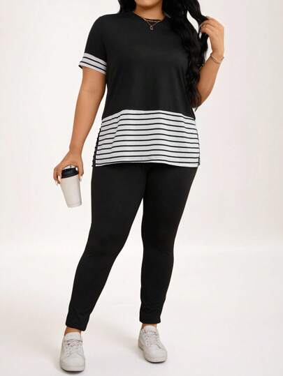 SHEIN LUNE 加大码短袖侧开衩条纹图案休闲日常运动宽松两件套，夏季