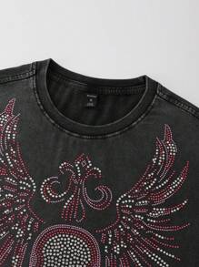 ROMWE MEN Áo thun nam cổ tròn phong cách Gothic họa tiết xương khô đính đá, thích hợp cho Halloween. - màu đen - Xem 2