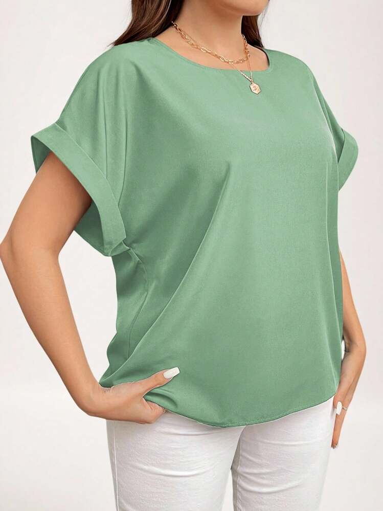 SHEIN LUNE Áo kiểu nữ cỡ lớn, màu trơn, cổ tròn, tay cánh dơi, kiểu dáng thường ngày, thích hợp cho mùa hè. - Màu xanh Bạc hà - Xem 4
