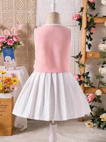 SHEIN 2件套女童3D花卉装饰单排扣背心和百褶裙套装 - 粉色 - 查看 2