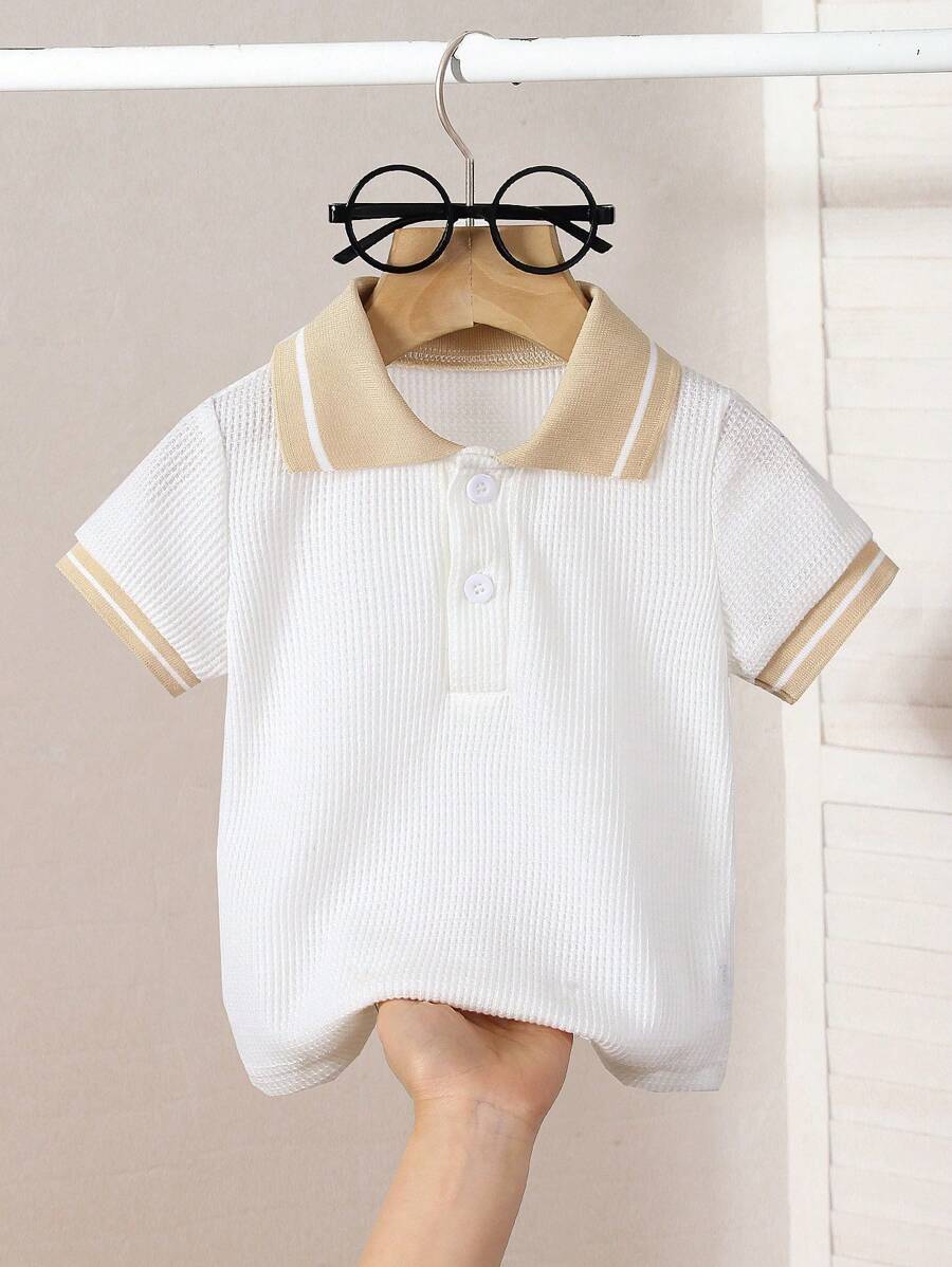 SHEIN Playful Pals 嬰兒男童白色華夫格面料 Polo 衫 夏季休閒短袖上衣 返校日職業日穿搭 經典鈕扣開襟復古幼童服飾 - 白色 - 查看 1