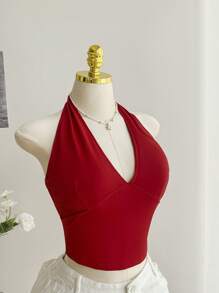SHEIN EZwear Parte superior de camisola sin espalda con cuello halter de unicolor y talla grande, para verano