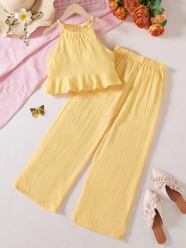 Set de 2 piese pentru fete preadolescente, vară, culoare solidă, cu top halter și pantaloni largi, model preadolescent, cu volane