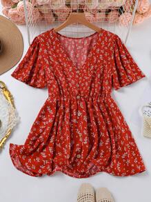 SHEIN LUNE Green Base White Flower Ruffled Sleeve Shirt, Fashionable For Summer - Red - View 1