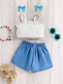 SHEIN 2pcs/Set Young Girls Casual Simple Comfortable Spaghetti Strap Ruffle Hem Camisole & Shorts Set With Floral Decor - Blue and White - View 7