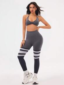 Gameset SHEIN Sport 女式撞色吊带背心和长裤运动套装 - 藏蓝色 - 查看 2