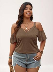 SHEIN LUNE Plus Size Casual Open Shoulder Solid Color T-Shirt Mother Day Summer Simple & Fashionable - Brown - View 5