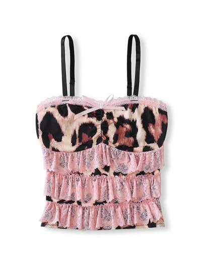 豹纹荷叶边下摆蝴蝶结装饰青春女孩褶饰吊带背心