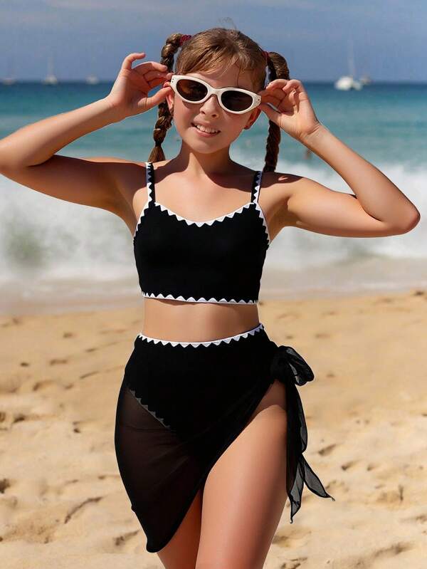Conjunto de bikini de 3 piezas para niñas preadolescentes, traje de baño de moda con parte superior de punto de unicolor y bordado de concha