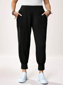 SHEIN LUNE Plus Size Camouflage  Green Sports And Leisure Pants With Pockets - Black - View 1