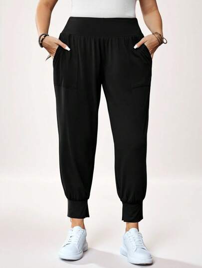 SHEIN LUNE 帶口袋的加大碼迷彩綠色運動休閒褲