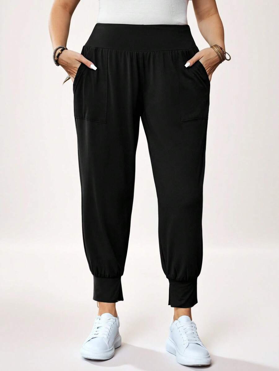 SHEIN LUNE Plus Size Camouflage  Green Sports And Leisure Pants With Pockets - Black - View 1