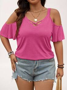 SHEIN LUNE Plus Size Casual Vacation Solid Color Open Shoulder Camisole T-Shirt Summer - Hot Pink - View 1