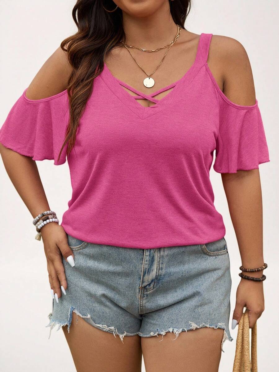 SHEIN LUNE Plus Size Casual Vacation Solid Color Open Shoulder Camisole T-Shirt Summer - Hot Pink - View 1