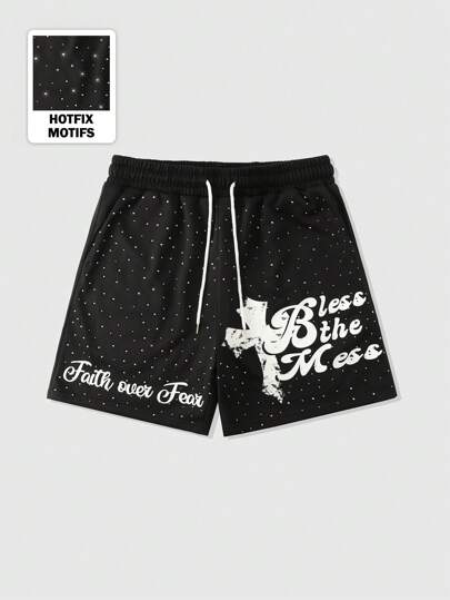 Men's Street Life Sparkle Diamond Print Letter Casual Shorts