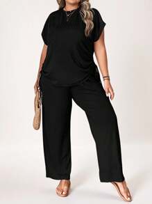 SHEIN LUNE Plus Drawstring Side Batwing Sleeve Tee & Wide Leg Trousers - Black - View 1