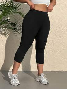 SHEIN EZwear 大碼素色高腰緊身打底褲 - 黑色 - 查看 4