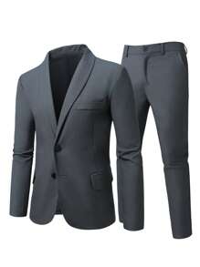 Manfinity Mode Conjunto de traje de unicolor para hombre de talla grande, chaqueta de manga larga y pantalones, de moda para el verano