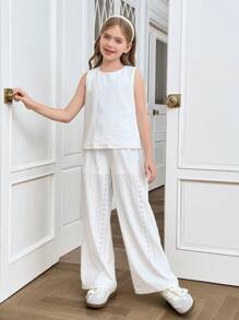 SHEIN Tween Girls Commuter Casual Jacquard Sleeveless Crew Neck Top And Straight Leg Pants Set