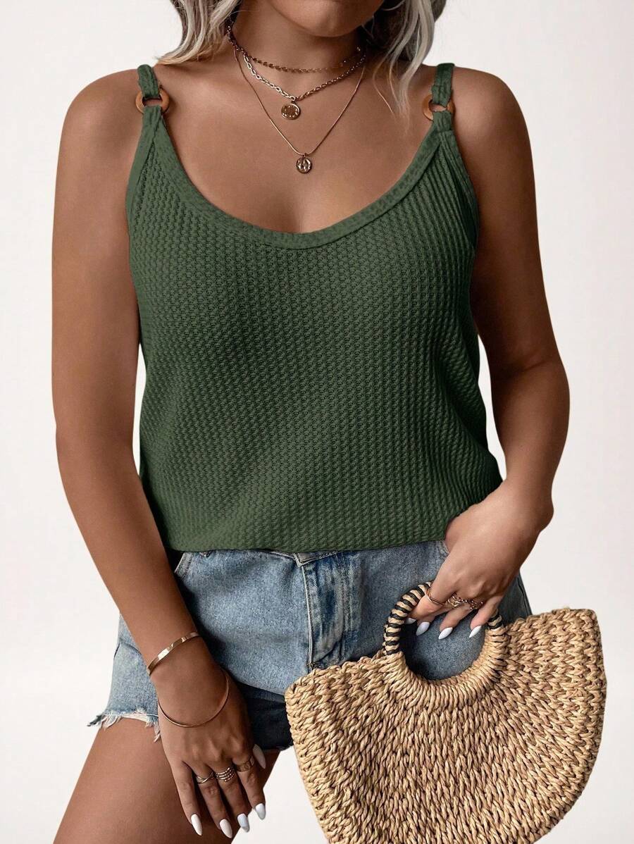 SHEIN LUNE Plus Size Solid Color Spaghetti Strap Casual Top, Everyday Wear Summer For Women Summer Tops Vacation Woman Going Out Tops Women Beach St Patrick Day Spring Break St. Patrick's Day Outdoor Essential For Daily Wear - Olive Green - View 1
