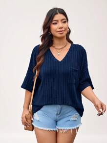 SHEIN LUNE 大码女式简约纯色V领T恤，适合日常穿着秋季上衣，教师舒适居家和外出穿着秋季女装带袖上衣，旅行机场新年女装生日女装长袖上衣，冬季情人节商务休闲女士外出上衣女装 - 藏蓝色 - 查看 6