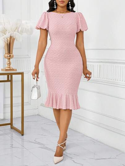 SHEIN Lady Women's Pink Round Neck Short Puff Sleeve Fishtail Hem Fitted Elegant Mid-Length Dress,Bodycon Dress