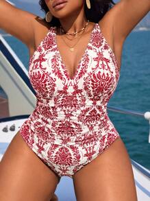 SHEIN Swim Curve 大码连体泳衣，随机多色花卉印花，休闲风格，女士夏季沙滩泳衣 - 紅色 - 查看 1