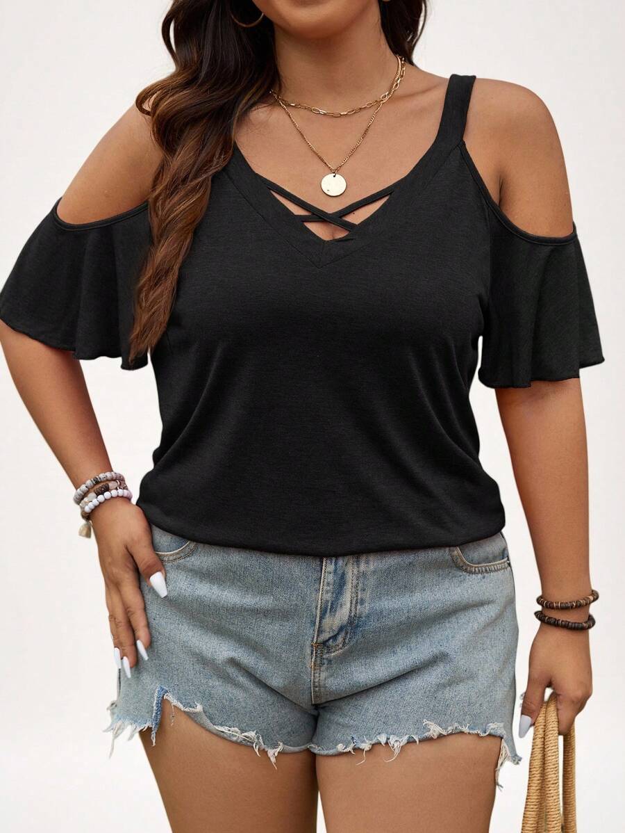 SHEIN LUNE Plus Size Casual Solid Color Open Shoulder Camisole T-Shirt Summer - Black - View 1
