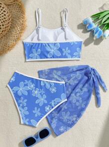 3pcs Tween GirlsRandom Floral Print Swimsuit & Beach Attire Set - Blue and White - View 3