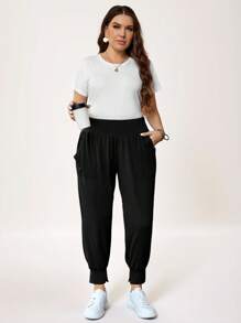 SHEIN LUNE Plus Size Camouflage  Green Sports And Leisure Pants With Pockets - Black - View 5