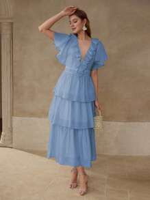 MOTF Vestido con volantes de diseño en múltiples capas - Azul - Ver 4
