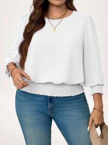 SHEIN LUNE Plus Size Casual Solid Color Puff Sleeve Blouse New Years Women Holiday Valentine Day Vacation Woman Summer For Women Top