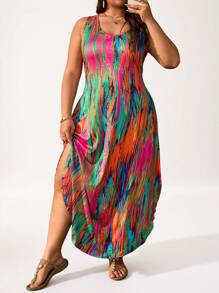 SHEIN LUNE Sommerkleid mit buntem abstraktem Muster, ärmellos, rundem Ausschnitt, große Größen, Urlaubsoutfit für Frauen, Valentinstag, Fasching, Ausgehdress für Frauen, Tops, Business-Lässig, Sommer, Süße Blusen, Büro