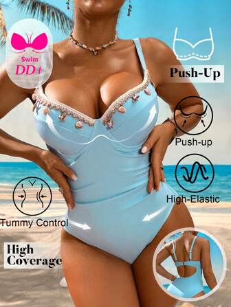 Swim DD+ 1 pieza Traje de baño moldeador para mujer con taza sexy, cintura fruncida y decoración de tira con concha, para vacaciones