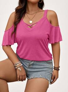 SHEIN LUNE Plus Size Casual Vacation Solid Color Open Shoulder Camisole T-Shirt Summer - Hot Pink - View 4
