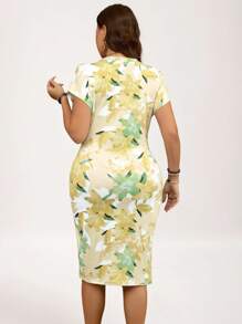 SHEIN LUNE Plus Size Floral Print Twist Design Round Neck Short Sleeve Elegant Summer Dress Graduation Dress - Multicolor - View 2