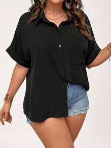 SHEIN LUNE Plus Patched Pocket Batwing Sleeve Shirt - Black - View 5