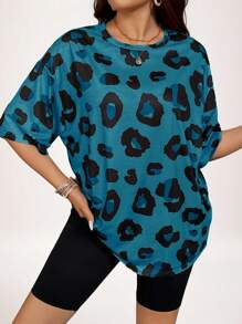 SHEIN LUNE Plus Size Basic Leopard Print Animal Pattern Casual T-Shirt, For Summer