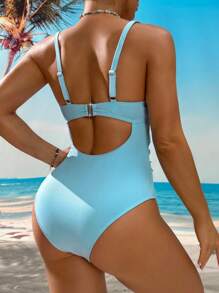 Voyashape 1pc Women's Sexy Molded Cup Waist Ruched Slimming Swimsuit With Shell Strap Decor, For Vacation For Summer - Baby Blue - View 3