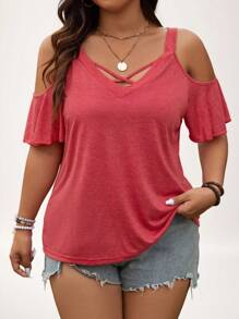 SHEIN LUNE Fashionable Solid Color Off-Shoulder T-Shirt For Plus-Size Women - Red - View 4