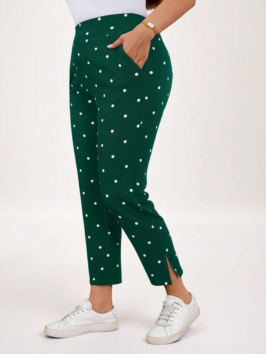 SHEIN LUNE Quần dài thường ngày in chấm bi cỡ lớn cho nữ có túi và xẻ tà bên hông cho kỳ nghỉ năm mới cho phụ nữ mùa đông ngày lễ tình nhân cho phụ nữ công sở đơn giản và thời trang cho mùa hè - Màu xanh lá cây đậm - Xem 1