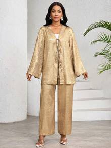 SHEIN Lady 2 件套女士休闲前系带长袖上衣和裤子套装，纯金面料女士两件套度假装女士 2 件套女士婚礼宾客礼服女士办公室礼服女士工作礼服女士休闲礼服 7 月 4 日女士 - 金色 - 查看 7