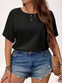 SHEIN LUNE Damen Bodysuit in großen Größen mit einfarbigem Rundhalsausschnitt und Kurzarm, einfach und modisch für Muttertag und Sommer - Schwarz - Übersicht 3