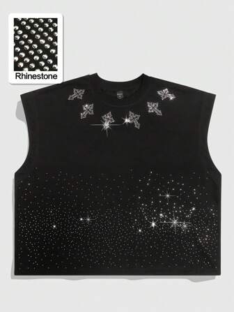 Goth Camiseta de tirantes suelta con estampado de cruz de rhinestones brillante para hombres, de verano
